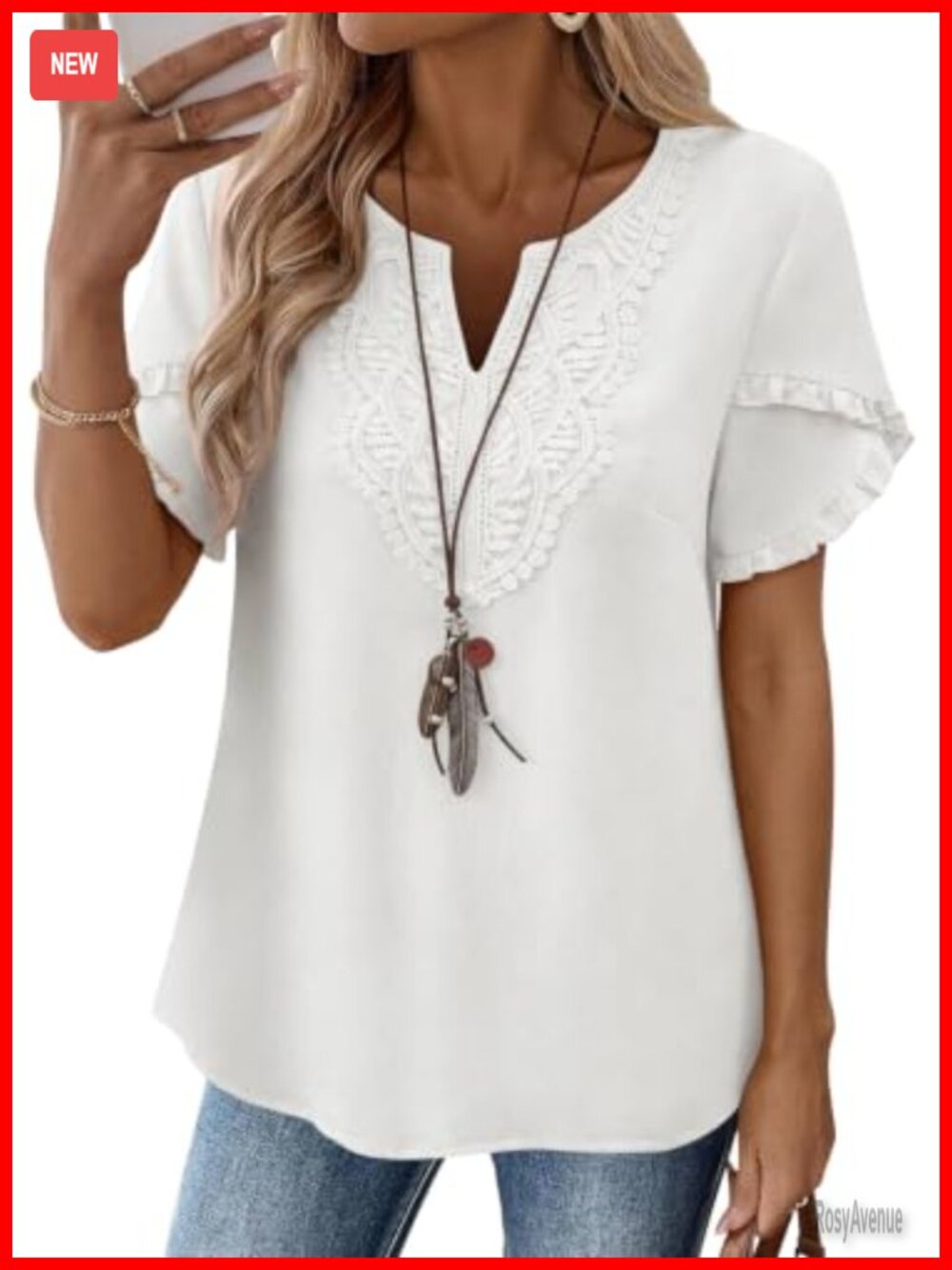 Womens Boho Lace V Neck Ruffle Sleeve Summer Blouse Top